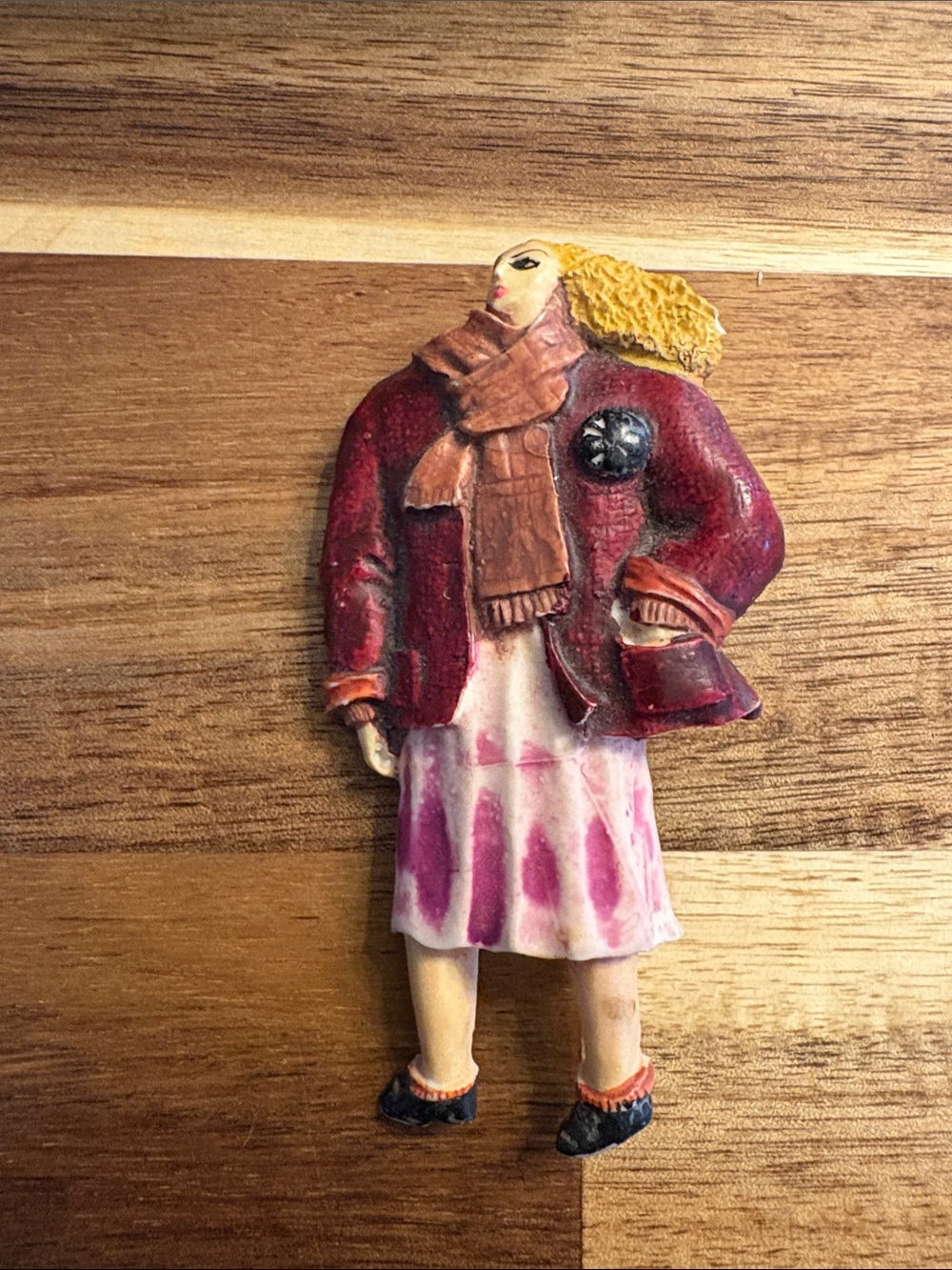Vintage Woman Figurine Brooch - Burgundy Coat, Blonde Hair
